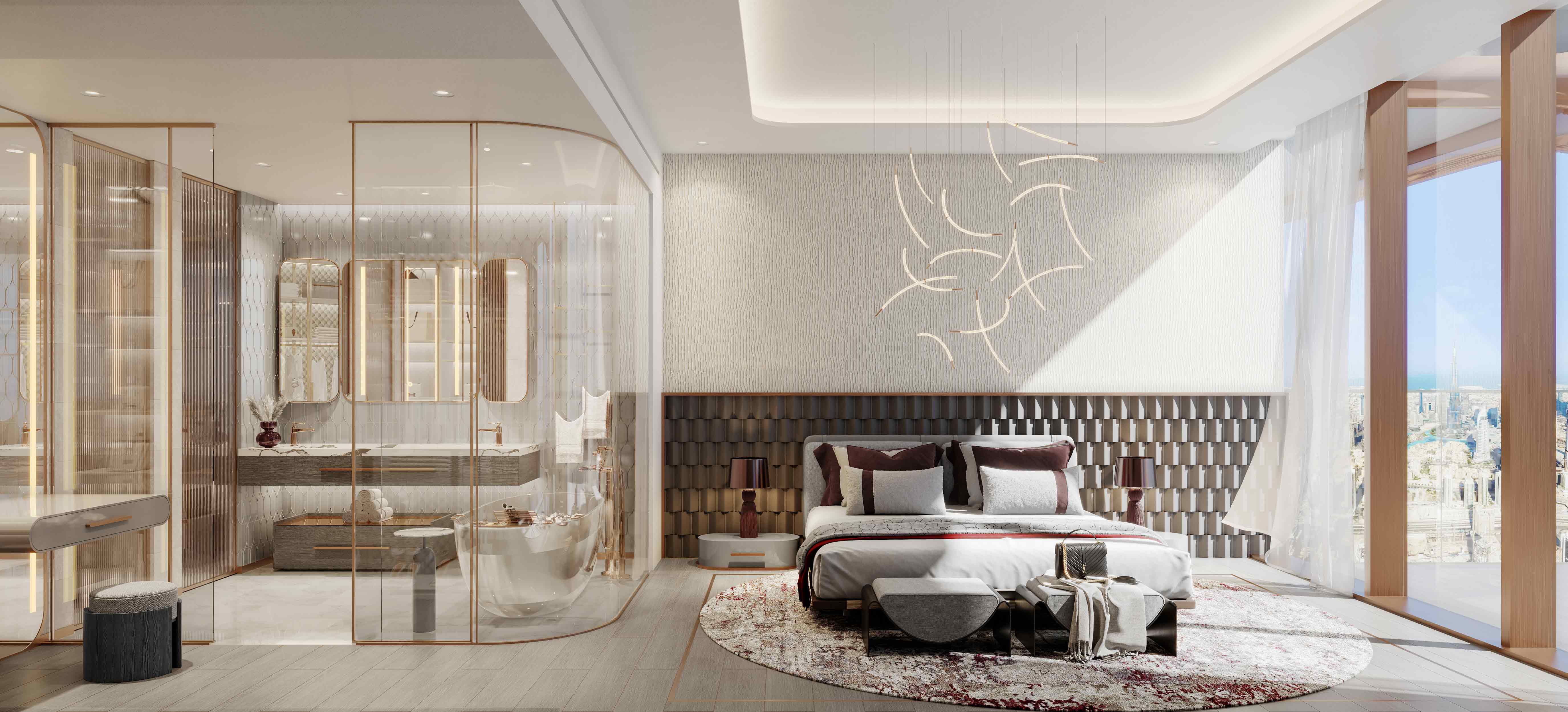 The Symphony By Imtiaz A luxurious bedroom with a modern design, featuring a large bed, elegant decor, and stunning views through glass walls.